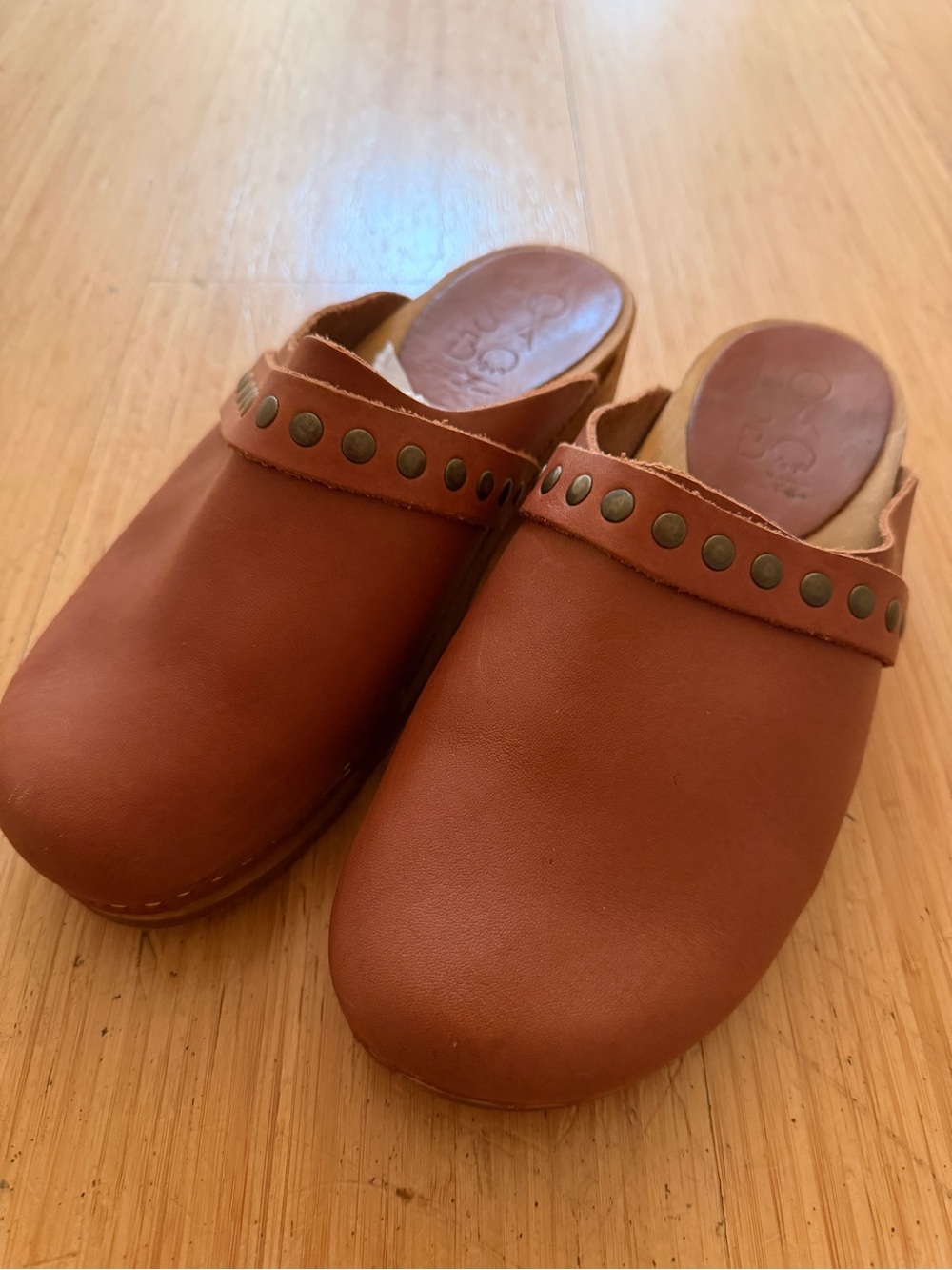 Elegant Brown Leather Mules with Stud Accents - 39
